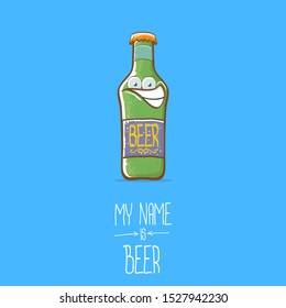 vector cartoon funky beer bottle character isolated on blue  background.vector beer comic label or poster design template. my name is beer or happy friday concept illustration