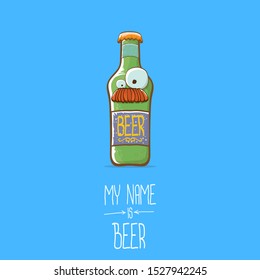 vector cartoon funky beer bottle character isolated on blue  background.vector beer comic label or poster design template. my name is beer or happy friday concept illustration