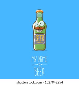 vector cartoon funky beer bottle character isolated on blue  background.vector beer comic label or poster design template. my name is beer or happy friday concept illustration