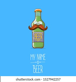 vector cartoon funky beer bottle character isolated on blue  background.vector beer comic label or poster design template. my name is beer or happy friday concept illustration