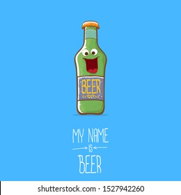 vector cartoon funky beer bottle character isolated on blue  background.vector beer comic label or poster design template. my name is beer or happy friday concept illustration