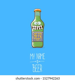 vector cartoon funky beer bottle character isolated on blue  background.vector beer comic label or poster design template. my name is beer or happy friday concept illustration