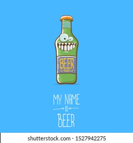 vector cartoon funky beer bottle character isolated on blue  background.vector beer comic label or poster design template. my name is beer or happy friday concept illustration