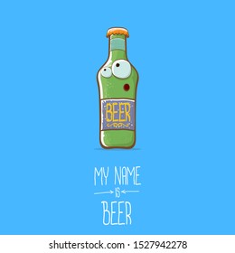 vector cartoon funky beer bottle character isolated on blue  background.vector beer comic label or poster design template. my name is beer or happy friday concept illustration