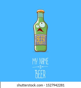 vector cartoon funky beer bottle character isolated on blue  background.vector beer comic label or poster design template. my name is beer or happy friday concept illustration