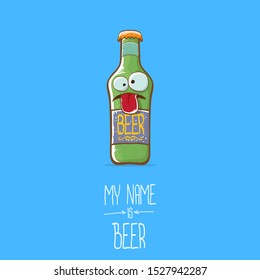 vector cartoon funky beer bottle character isolated on blue  background.vector beer comic label or poster design template. my name is beer or happy friday concept illustration