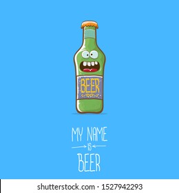 vector cartoon funky beer bottle character isolated on blue  background.vector beer comic label or poster design template. my name is beer or happy friday concept illustration