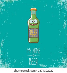 Vektorillustration Cartoon Funky Bierflasche Charakter einzeln auf türkisfarbenem, grauem Hintergrund.Vektorillustration Bierkomic Label oder Plakatdesign Vorlage. Mein Name ist Bier oder fröhliche Concept-Illustration