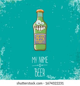 vector cartoon funky beer bottle character isolated on turquoise grunge background.vector beer comic label or poster design template. my name is beer or happy friday concept illustration