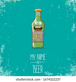 vector cartoon funky beer bottle character isolated on turquoise grunge background.vector beer comic label or poster design template. my name is beer or happy friday concept illustration