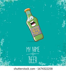 vector cartoon funky beer bottle character isolated on turquoise grunge background.vector beer comic label or poster design template. my name is beer or happy friday concept illustration