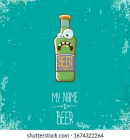 vector cartoon funky beer bottle character isolated on turquoise grunge background.vector beer comic label or poster design template. my name is beer or happy friday concept illustration