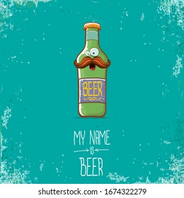 vector cartoon funky beer bottle character isolated on turquoise grunge background.vector beer comic label or poster design template. my name is beer or happy friday concept illustration
