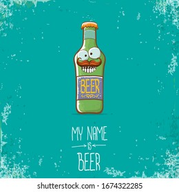 vector cartoon funky beer bottle character isolated on turquoise grunge background.vector beer comic label or poster design template. my name is beer or happy friday concept illustration