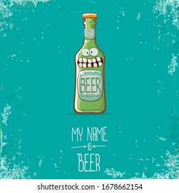 caricatura vectorial personaje funky de botella de cerveza aislado en fondo turquesa grunge. Etiqueta de cómic vectorial de cerveza o plantilla de diseño de afiches. mi nombre es cerveza o ilustración conceptual del viernes feliz