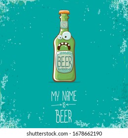 caricatura vectorial personaje funky de botella de cerveza aislado en fondo turquesa grunge. Etiqueta de cómic vectorial de cerveza o plantilla de diseño de afiches. mi nombre es cerveza o ilustración conceptual del viernes feliz