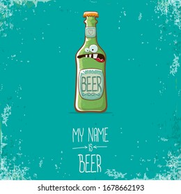 vector cartoon funky beer bottle character isolated on turquoise grunge background.vector beer comic label or poster design template. my name is beer or happy friday concept illustration