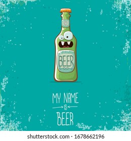 vector cartoon funky beer bottle character isolated on turquoise grunge background.vector beer comic label or poster design template. my name is beer or happy friday concept illustration