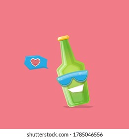 vector cartoon funky beer bottle character with sunglasses isolated on pink background. Vector funny beer label or poster design template. International beer day cartoon comic poster or banner
