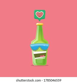 vector cartoon funky beer bottle character with sunglasses isolated on pink background. Vector funny beer label or poster design template. International beer day cartoon comic poster or banner