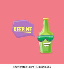 vector cartoon funky beer bottle character with sunglasses isolated on pink background. Vector funny beer label or poster design template. International beer day cartoon comic poster or banner