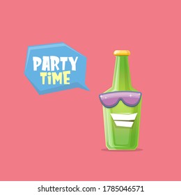 vector cartoon funky beer bottle character with sunglasses isolated on pink background. Vector funny beer label or poster design template. International beer day cartoon comic poster or banner