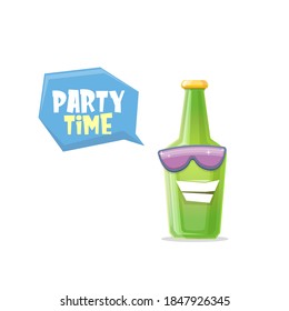 vector cartoon funky beer bottle character with sunglasses isolated on white background. Vector funny beer label or poster design template. International beer day cartoon comic poster or banner