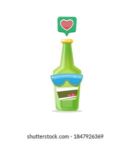 vector cartoon funky beer bottle character with sunglasses isolated on white background. Vector funny beer label or poster design template. International beer day cartoon comic poster or banner