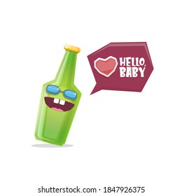 vector cartoon funky beer bottle character with sunglasses isolated on white background. Vector funny beer label or poster design template. International beer day cartoon comic poster or banner