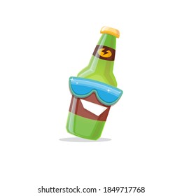 vector cartoon funky beer bottle character with sunglasses isolated on white background. Vector funny beer label or poster design template. International beer day cartoon comic poster or banner
