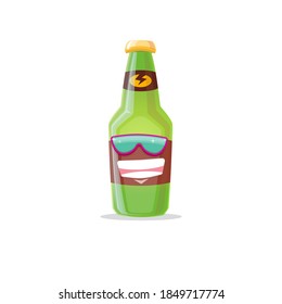 caricatura vectorial personaje funky de botella de cerveza con gafas de sol aisladas en fondo blanco. Etiqueta de cerveza divertida vectora o plantilla de diseño de afiches. Afiche o pancarta de historietas del Día Internacional de la cerveza
