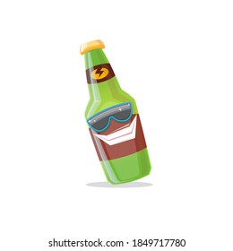 Vektorcartoon Funky Bierflasche Charakter mit Sonnenbrille einzeln auf weißem Hintergrund. Vektor lustige Bieretikett oder Plakatdesign Vorlage. Internationales Biertag-Comic-Poster oder Banner