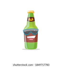 vector cartoon funky beer bottle character with sunglasses isolated on white background. Vector funny beer label or poster design template. International beer day cartoon comic poster or banner
