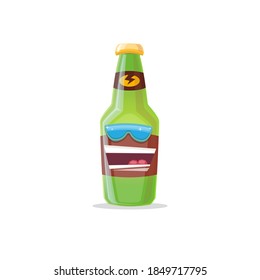 vector cartoon funky beer bottle character with sunglasses isolated on white background. Vector funny beer label or poster design template. International beer day cartoon comic poster or banner