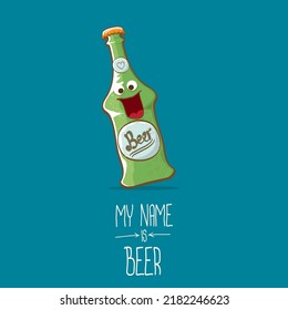 vector cartoon funky beer bottle character isolated on blue background. Vector beer comic label or poster design template. my name is beer or happy friday concept illustration