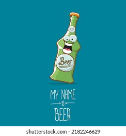 vector cartoon funky beer bottle character isolated on blue background. Vector beer comic label or poster design template. my name is beer or happy friday concept illustration