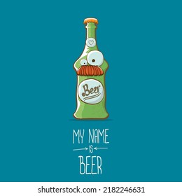 Vektorgrafik Funky-Bierflasche-Charakter einzeln auf blauem Hintergrund. Vektorbier-Comic-Label oder Plakatdesign-Vorlage. Mein Name ist Bier oder fröhliche Concept-Illustration