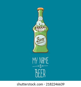 vector cartoon funky beer bottle character isolated on blue background. Vector beer comic label or poster design template. my name is beer or happy friday concept illustration