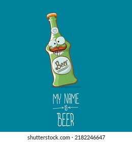 vector cartoon funky beer bottle character isolated on blue background. Vector beer comic label or poster design template. my name is beer or happy friday concept illustration