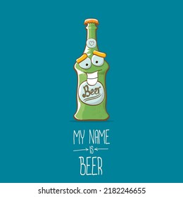 caricatura vectorial personaje de botella de cerveza funky aislado en fondo azul. Etiqueta de cómic de cerveza vectora o plantilla de diseño de afiches. mi nombre es cerveza o ilustración de concepto de viernes feliz