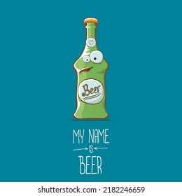 vector cartoon funky beer bottle character isolated on blue background. Vector beer comic label or poster design template. my name is beer or happy friday concept illustration