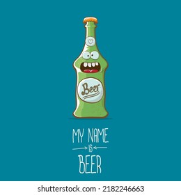 vector cartoon funky beer bottle character isolated on blue background. Vector beer comic label or poster design template. my name is beer or happy friday concept illustration