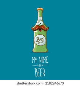 vector cartoon funky beer bottle character isolated on blue background. Vector beer comic label or poster design template. my name is beer or happy friday concept illustration
