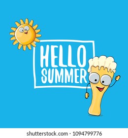 vector cartoon funky beer glass character and summer sun isolated on blue background. Hello summer text and funky beer concept illustration. Funny cartoon smiling friends.