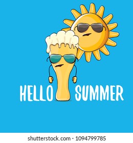 vector cartoon funky beer glass character and summer sun isolated on blue background. Hello summer text and funky beer concept illustration. Funny cartoon smiling friends.