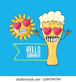 vector cartoon funky beer glass character and summer sun isolated on blue background. Hello summer text and funky beer concept illustration. Funny cartoon smiling friends.