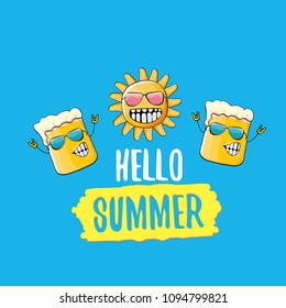 vector cartoon funky beer glass character and summer sun isolated on blue background. Hello summer text and funky beer concept illustration. Funny cartoon smiling friends.