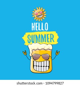 vector cartoon funky beer glass character and summer sun isolated on blue background. Hello summer text and funky beer concept illustration. Funny cartoon smiling friends.