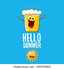 vector cartoon funky beer glass character and summer sun isolated on blue background. Hello summer text and funky beer concept illustration. Funny cartoon smiling friends.
