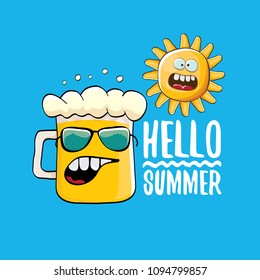 vector cartoon funky beer glass character and summer sun isolated on blue background. Hello summer text and funky beer concept illustration. Funny cartoon smiling friends.